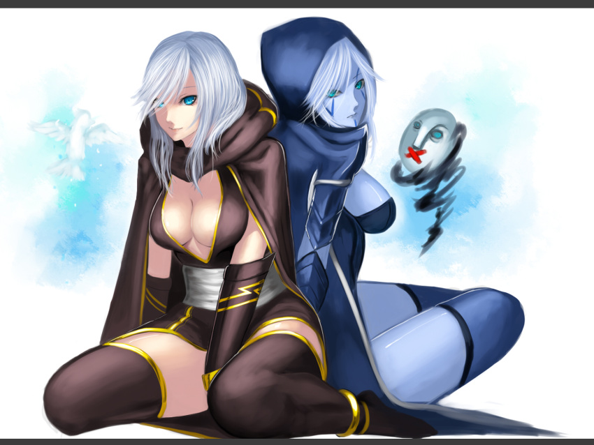 2girls :x aqua_eyes ashe_(league_of_legends) back-to-back black_legwear blue_skin breasts brown_legwear cleavage cloak crossover defense_of_the_ancients dota_2 eyelashes facial_tattoo highres hood kumiko_(aleron) league_of_legends lips looking_at_viewer mask multiple_girls no_bra silver_hair smile tattoo thighhighs traxex vambraces