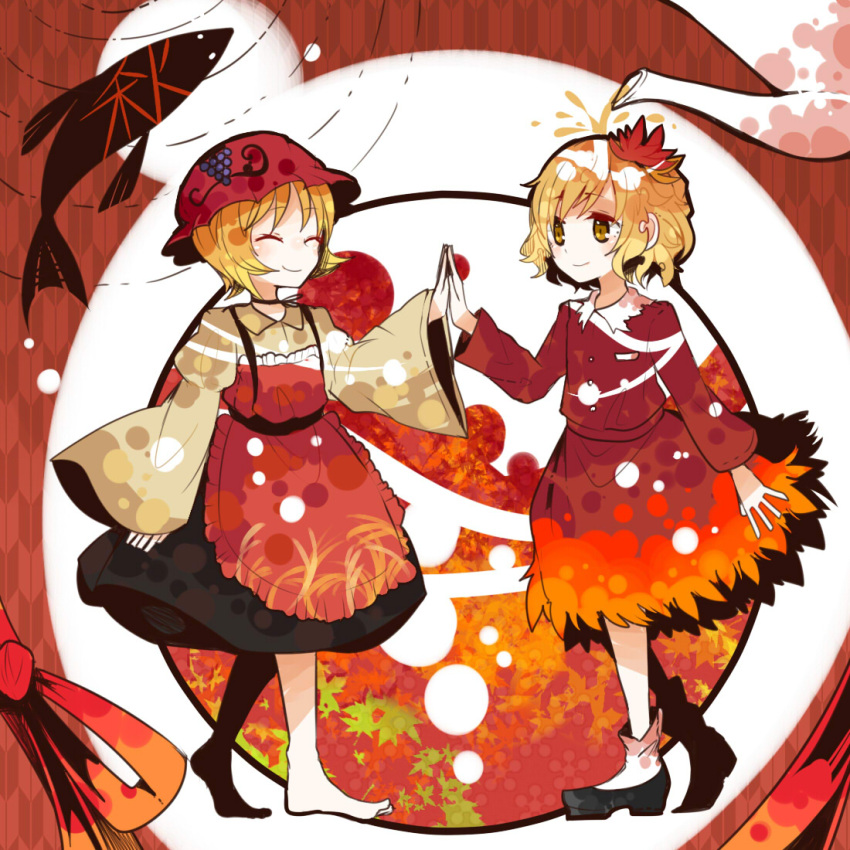 2girls aki_minoriko aki_shizuha apron barefoot blonde_hair bow closed_eyes family fish food frills fruit full_body grapes hat itomugi-kun leaf leaf_on_head long_sleeves looking_at_another mob_cap multiple_girls puffy_sleeves shirt shoes short_hair siblings sisters skirt smile socks tagme touhou vest white_legwear wide_sleeves yellow_eyes