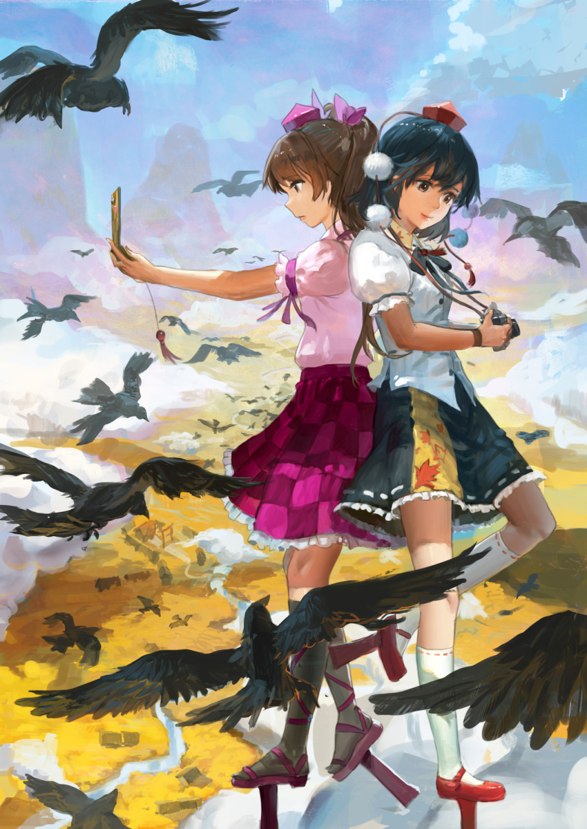 2girls above_clouds back-to-back bird black_hair blouse blue_sky brown_hair camera cellphone crow eyelashes facing_away flying geta hat highres himekaidou_hatate jeanex kneehighs light_smile lips looking_down mountain multiple_girls no_wings outstretched_arm phone pom_pom_(clothes) ponytail profile puffy_short_sleeves puffy_sleeves shameimaru_aya short_sleeves shrine skirt sky tengu-geta tokin_hat touhou village yellow_eyes