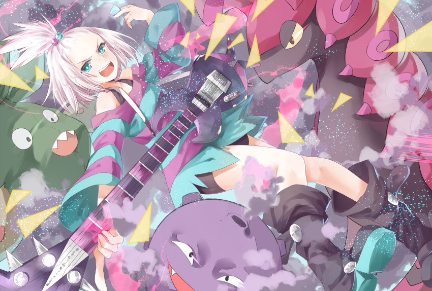 1girl bass_guitar blue_eyes boots dress freckles gym_leader hair_bobbles hair_ornament highres homika_(pokemon) instrument koffing open_mouth pokemon pokemon_(creature) pokemon_(game) pokemon_bw2 scolipede short_dress short_hair smoke striped striped_dress topknot transistor trubbish white_hair