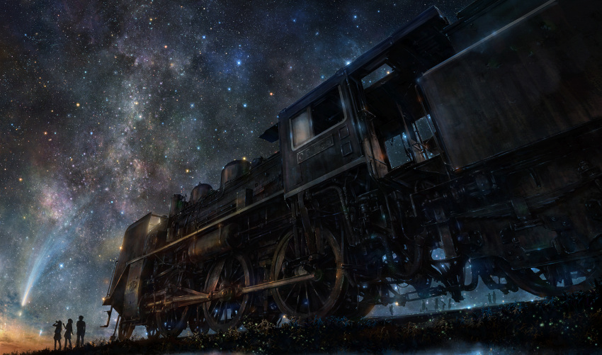 highres iy_tujiki locomotive night night_sky original shooting_star silhouette sky standing star_(sky) starry_sky tagme