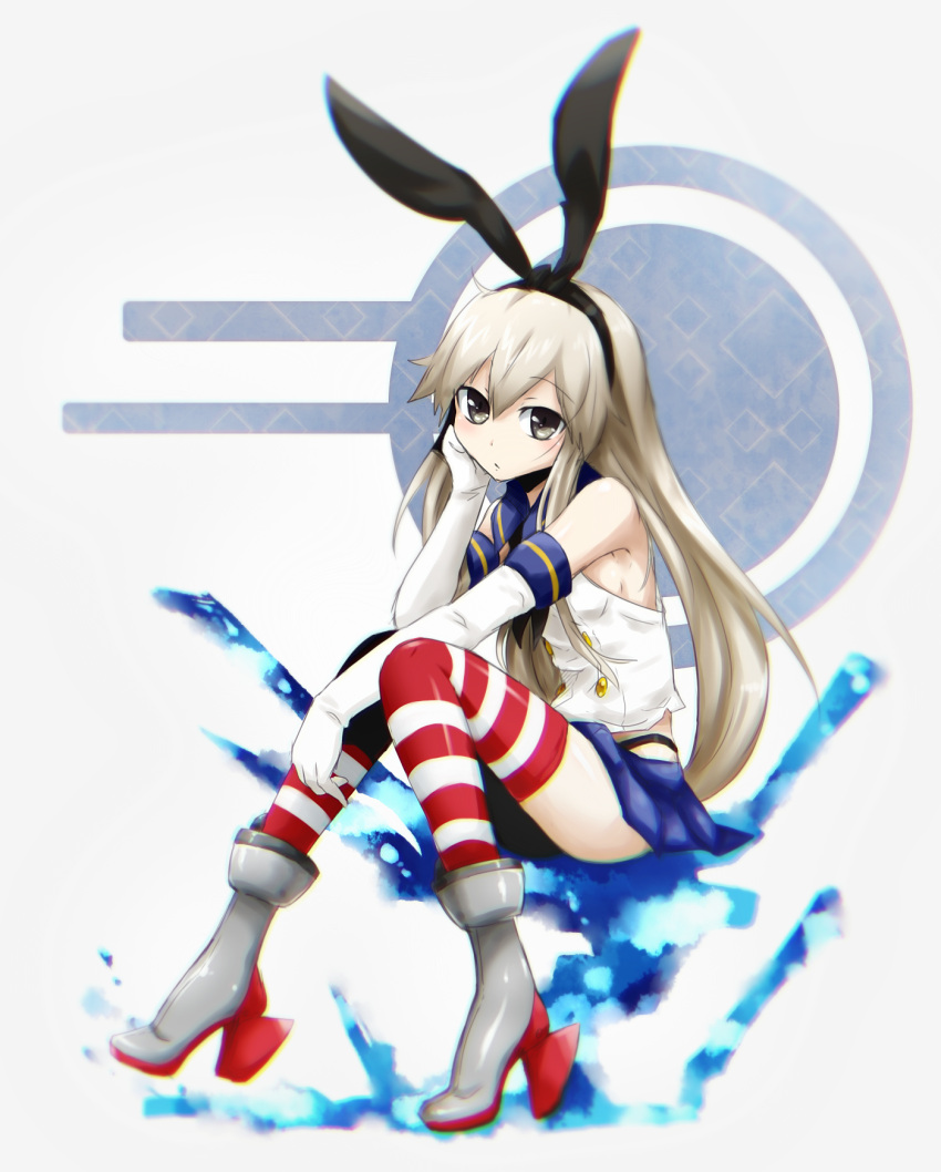 1girl bare_shoulders black_panties blonde_hair blue_skirt boots bow chin_rest crop_top elbow_gloves gloves grey_eyes hair_bow hairband high_heel_boots high_heels highleg highleg_panties highres kantai_collection long_hair looking_at_viewer microskirt neckerchief obi_seiji panties pleated_skirt sailor_collar shimakaze_(kantai_collection) sitting skirt solo striped striped_legwear thigh-highs underwear