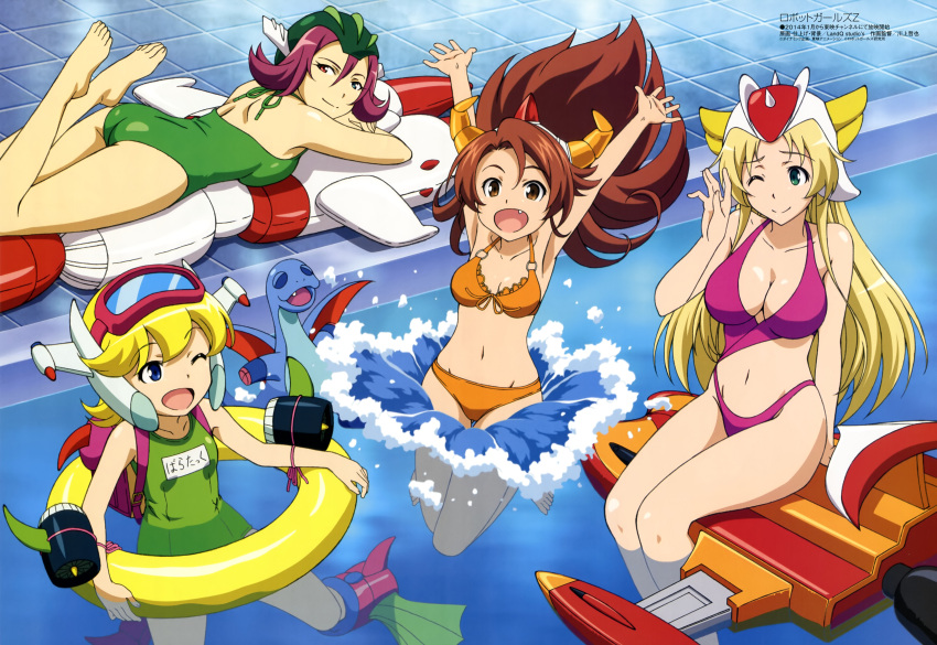 4girls :d absurdres armpits arms_up asymmetrical_clothes bare_shoulders bikini blonde_hair blue_eyes breasts brown_eyes brown_hair character_request cleavage fang flippers front-tie_bikini gai-chan goggles goggles_on_head green_eyes grenda-san head_wings helmet heterochromia highres horns innertube large_breasts long_hair lying multiple_girls navel official_art on_stomach one-piece_swimsuit open_mouth partially_submerged pool poolside purple_hair red_eyes robot_girls_z scan school_swimsuit smile splashing swimsuit thrusters water wink zieg-san