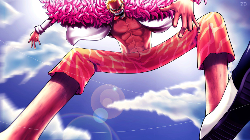 1boy abs blonde_hair cloudy_sky donquixote_doflamingo earrings highres jewelry lens_flare long_sleeves male navel one_piece open_clothes open_shirt short_hair solo string sunglasses tongue zhang_ding