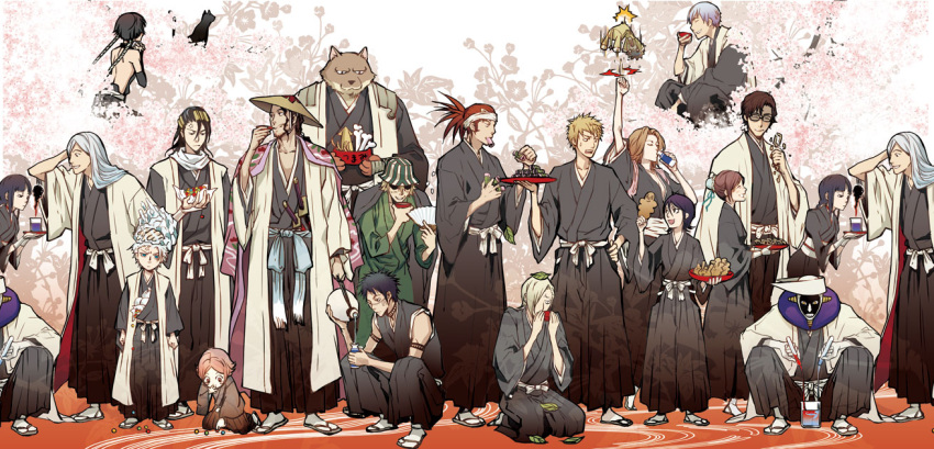 6+boys 6+girls abarai_renji aizen_sousuke alcohol black_hair bleach bone brown_hair candy cherry_blossoms fan flask folding_fan food glasses hair_bun haori hat headband hinamori_momo hisagi_shuuhei hitsugaya_toushirou ice ichimaru_gin japanese_clothes katana kimono kira_izuru komamura_sajin kon kuchiki_byakuya kurosaki_ichigo kurotsuchi_mayuri kurotsuchi_nemu kusajishi_yachiru kyouraku_shunsui leaf matsumoto_rangiku minamida multiple_boys multiple_girls plate punching purple_hair redhead sake sandals shihouin_yoruichi shihouin_yoruichi_(cat) silver_hair sui-feng sword taichou_haori tattoo test_tube ukitake_juushirou urahara_kisuke weapon white_hair