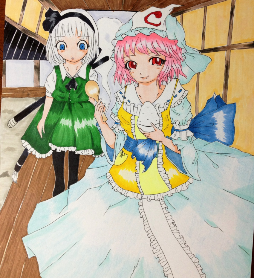 2girls :o apron armband ascot blue_eyes hair_ribbon highres japanese_clothes kimono konpaku_youmu konpaku_youmu_(ghost) long_sleeves looking_at_viewer marker_(medium) mob_cap multiple_girls nanashi_korekuta pantyhose pink_eyes pink_hair ribbon rice_bowl saigyouji_yuyuko sheath sheathed short_hair short_sleeves skirt skirt_set smile sword touhou traditional_media triangular_headpiece veranda weapon white_hair wide-eyed wooden_floor wooden_spoon