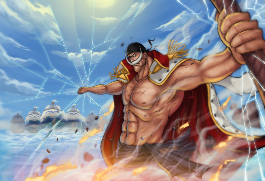 1boy abs attack bandana battle cloudy_sky coat_on_shoulders doubled67 edward_newgate epaulettes facial_hair fire high_collar highres male manly muscle mustache one_piece polearm sash scar ship shirtless signature solo water weapon white_hair