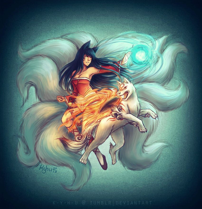 1girl ahri amaterasu animal_ears bare_shoulders black_hair breasts cleavage crossover detached_sleeves energy_ball facial_mark fire fox_ears fox_tail highres k-y-h-u korean_clothes league_of_legends long_hair multiple_tails ookami_(game) tail whisker_markings wolf yellow_eyes