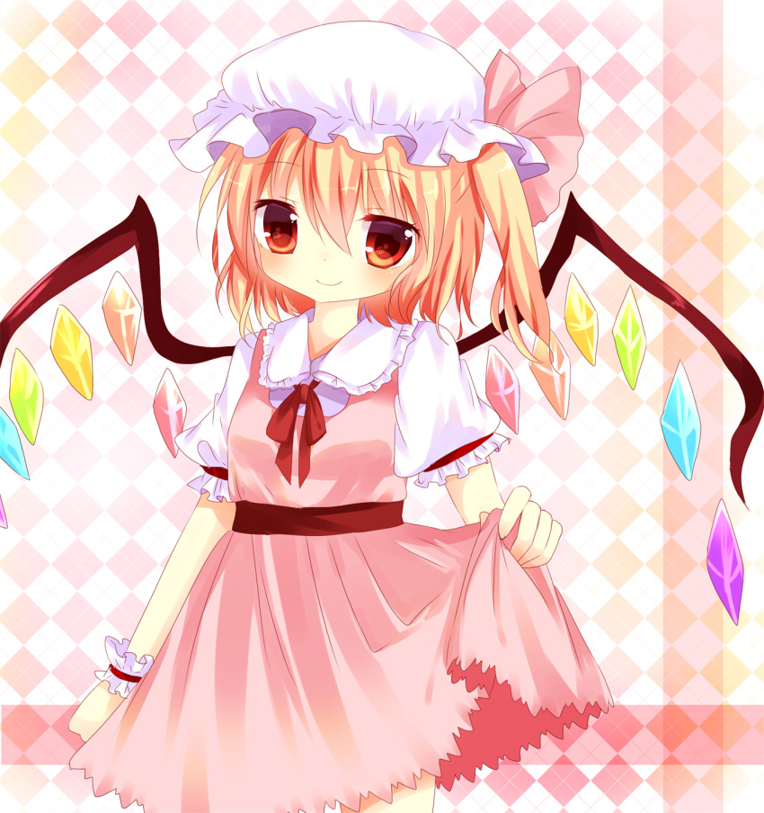 1girl alternate_costume blonde_hair checkered checkered_background dress flandre_scarlet gradient gradient_background hat hat_ribbon highres looking_at_viewer mob_cap ominome pink_dress red_eyes ribbon sash short_hair short_sleeves side_ponytail skirt_hold smile solo touhou wings wrist_cuffs