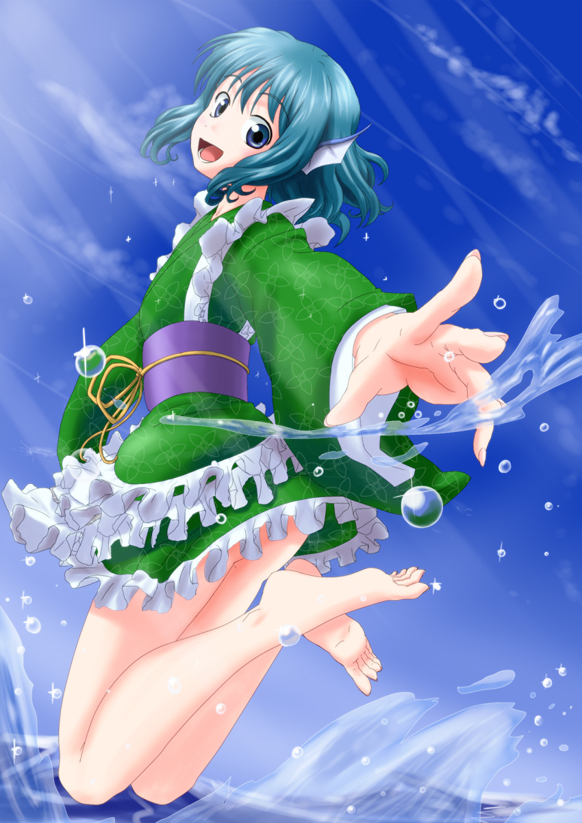 1girl alternate_form bare_legs barefoot blue_eyes blue_hair blue_sky bottomless clouds floral_print foreshortening head_fins highres japanese_clothes kimono leaping looking_at_viewer obi open_mouth outstretched_arm sachishiro_pengin short_hair sky solo splashing touhou wakasagihime water_droplets