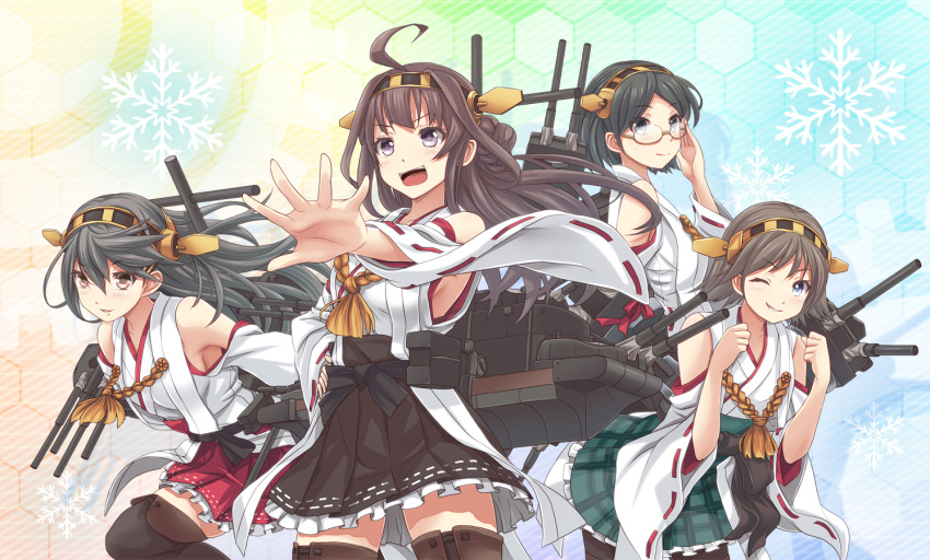 4girls adjusting_glasses ahoge bare_shoulders black_hair boots brown_hair detached_sleeves double_bun glasses hair_ornament hairband haruna_(kantai_collection) headgear hiei_(kantai_collection) honeycomb_background japanese_clothes kantai_collection kirishima_(kantai_collection) kongou_(kantai_collection) long_hair multiple_girls nontraditional_miko open_mouth outstretched_arm outstretched_hand pantyhose personification pleated_skirt short_hair skirt snowflakes thigh_boots thighhighs v-mag wink zettai_ryouiki