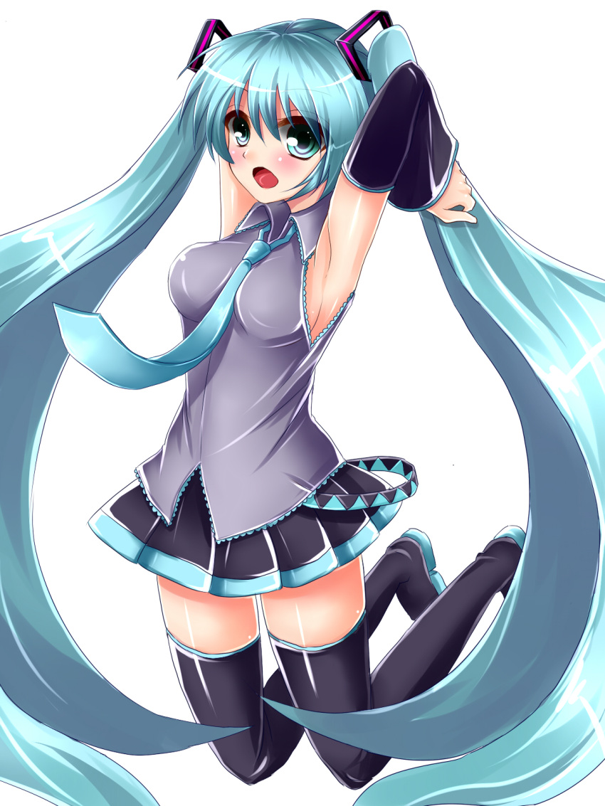 1girl aqua_eyes aqua_hair armpits arms_up boots detached_sleeves hatsune_miku highres jumping long_hair mayu_f9 necktie open_mouth simple_background skirt solo thigh_boots thighhighs twintails very_long_hair vocaloid white_background