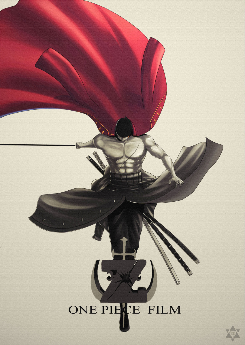 1boy abs absurdres bandana coat coat_on_shoulders copyright_name earrings highres jewelry katana male monochrome muscle one_piece one_piece_film_z roronoa_zoro scar sheath sheathed shirtless solo spot_color sword weapon zhang_ding