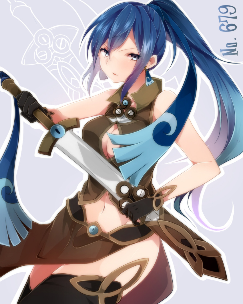 1girl blue_eyes blue_hair breasts cleavage_cutout earrings highres honedge jewelry long_hair midriff multicolored_hair navel personification pokemon pokemon_(game) pokemon_xy ponytail solo sword takeshima_(nia) two-tone_hair weapon