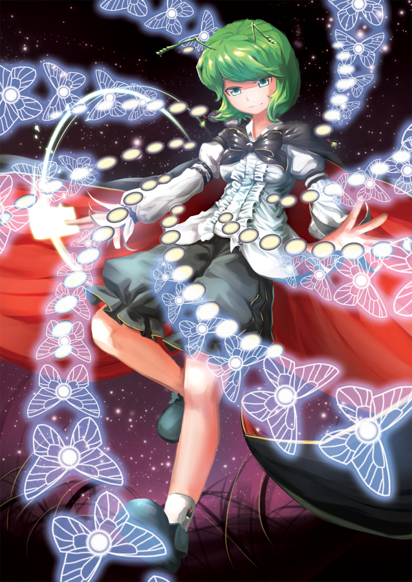 1girl ankle_socks antennae arm_belt bow breasts butterfly cape danmaku firefly frilled_shirt grass green_eyes green_hair highres hijiwryyyyy impossible_clothes impossible_shirt juliet_sleeves leg_up long_sleeves looking_at_viewer night puffy_sleeves short_hair shorts sky smile solo spell_card star_(sky) starry_sky touhou wriggle_nightbug