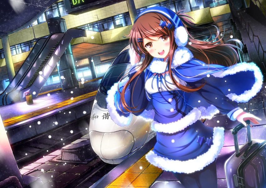 1girl brown_eyes brown_hair christmas dutch_angle earmuffs escalator hair_ornament hairclip jianren original pantyhose shinkansen skirt smile snow snowing solo stairs star_hair_ornament suitcase train_station