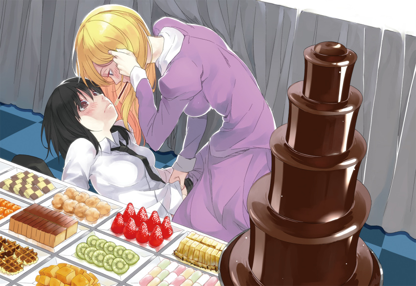 2girls black_hair blonde_hair blue_eyes blush brown_eyes cake checkered chocolate chocolate_fountain dress food fruit hand_in_hair kiwifruit long_hair looking_at_another maribel_hearn multiple_girls necktie no_hat pineapple pocky purple_dress shiro_negi shirt short_hair strawberry sweets table touhou usami_renko white_shirt yuri