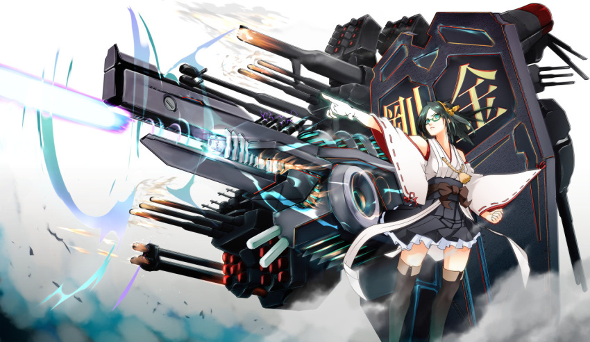 bare_shoulders beam_gun big.g blue_eyes boots detached_sleeves firing glasses green_eyes hairband japanese_clothes kantai_collection kirishima_(kantai_collection) long_hair long_sleeves nontraditional_miko outstretched_arm personification pleated_skirt pointing ribbon_trim short_hair skirt thigh_boots thighhighs wide_sleeves