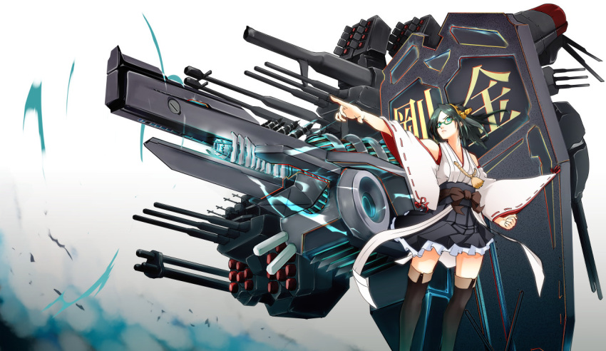 bare_shoulders beam_gun big.g blue_eyes boots detached_sleeves glasses green_eyes hairband japanese_clothes kantai_collection kirishima_(kantai_collection) long_hair long_sleeves nontraditional_miko outstretched_arm personification pleated_skirt pointing ribbon_trim short_hair skirt thigh_boots thighhighs wide_sleeves