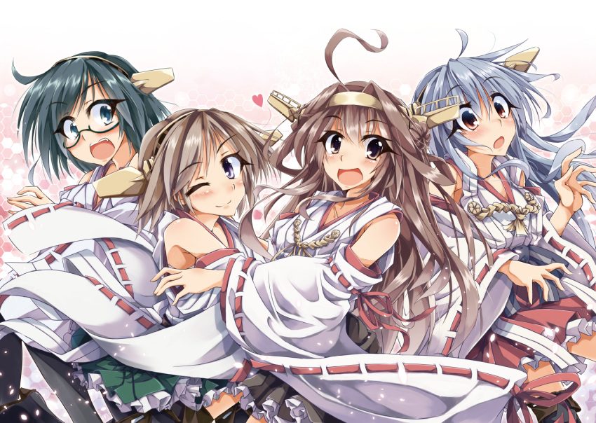 4girls ahoge aqua_eyes armpits black_hair blue_hair blush brown_eyes brown_hair detached_sleeves glasses hairband haruna_(kantai_collection) heart hiei_(kantai_collection) japanese_clothes kantai_collection kirishima_(kantai_collection) kongou_(kantai_collection) looking_at_viewer multiple_girls nontraditional_miko open_mouth personification red_eyes siblings sisters syuutu wide_sleeves wink