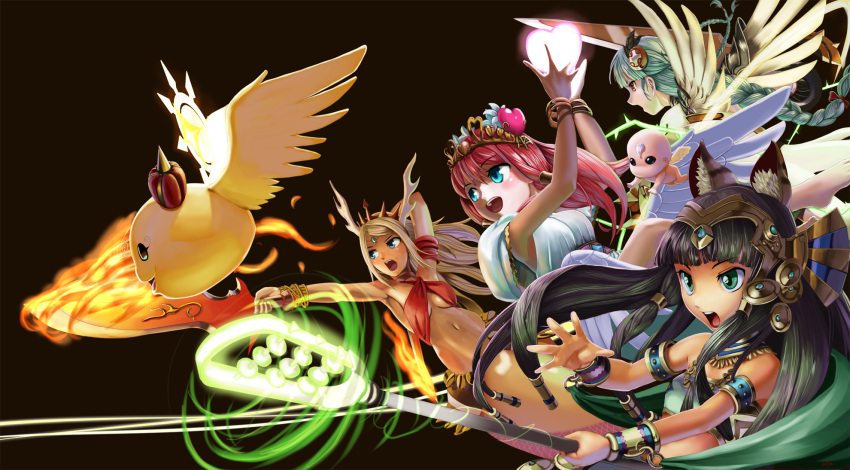 4girls abazu-red action animal_ears aqua_eyes armpits baby bastet_(p&amp;d) blonde_hair blue_eyes bracelet braid brown_hair cat_ears crown echidna_(p&amp;d) egyptian fire green_eyes hair_ornament headdress heart highres instrument jewelry king_shynee_(p&amp;d) lamia magic midriff monster_girl multiple_girls navel open_mouth pink_hair puzzle_&amp;_dragons red_eyes silver_hair sword valkyrie_(p&amp;d) venus_(p&amp;d) weapon wings