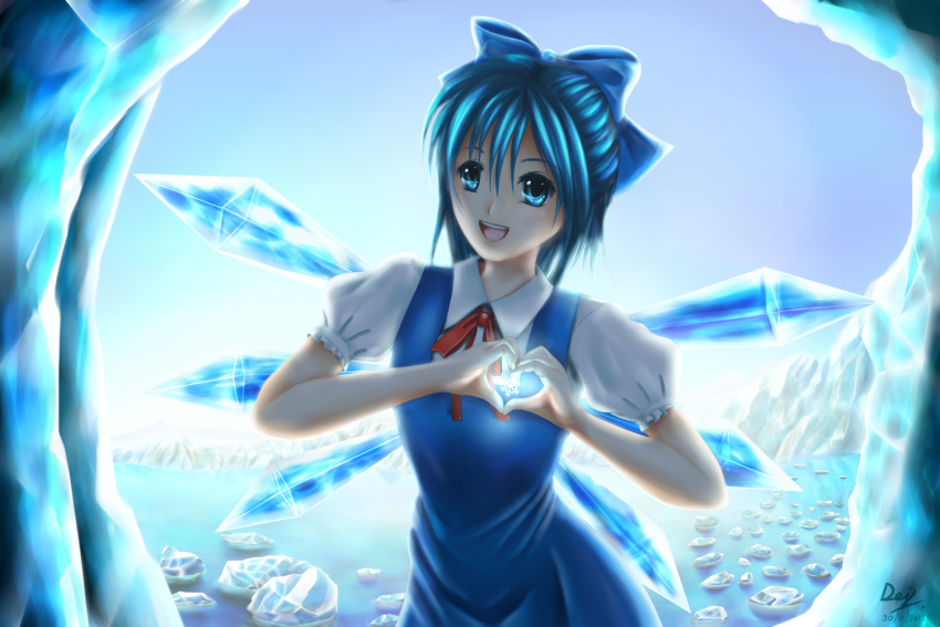 1girl blue_eyes blue_hair blue_sky bow cirno dej_(shiori2525) dress hair_bow heart heart_hands ice ice_wings iceberg looking_at_viewer open_mouth puffy_short_sleeves puffy_sleeves ribbon short_hair short_sleeves sky snowflakes solo touhou water wings