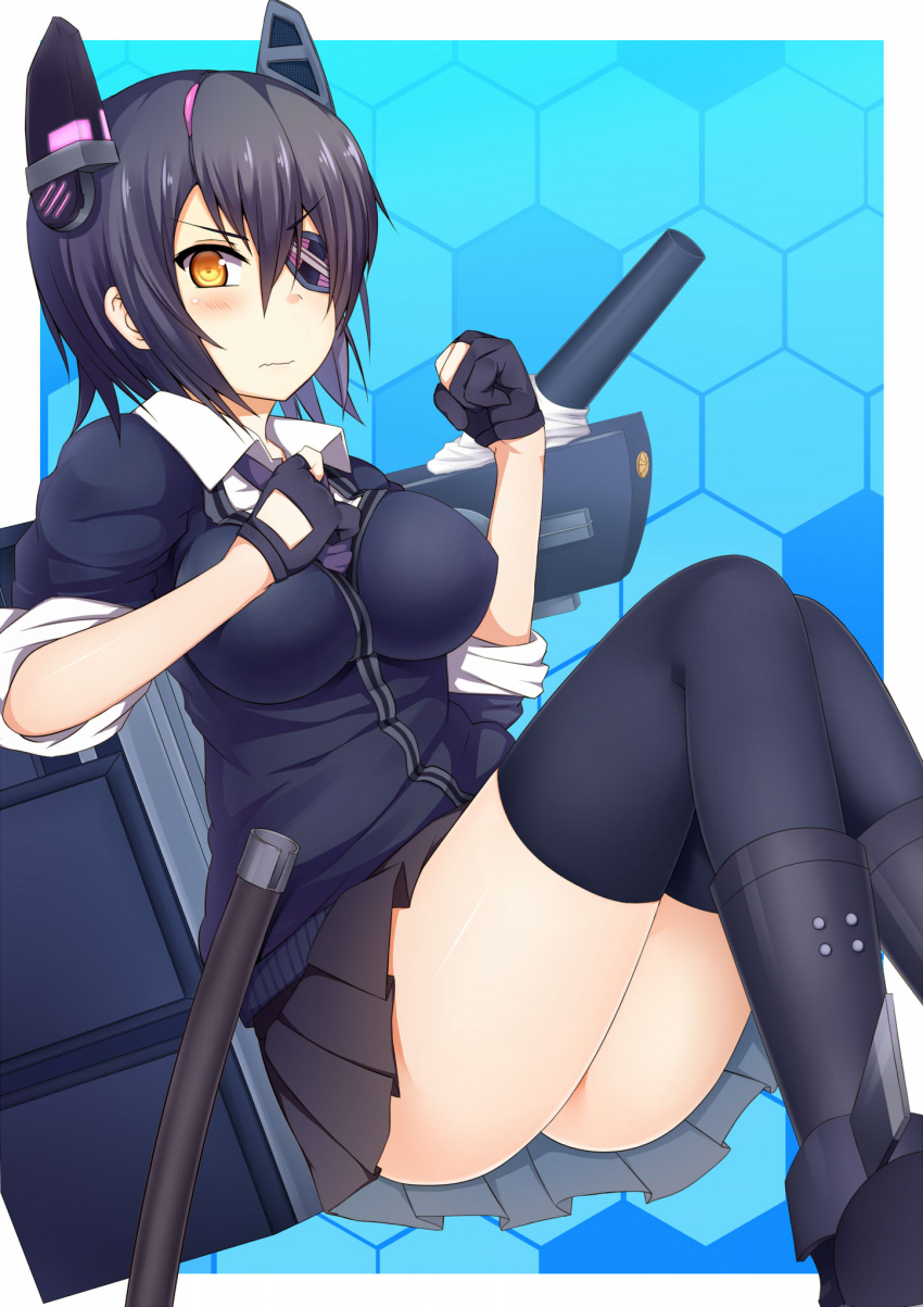1girl black_hair black_legwear breasts eyepatch fingerless_gloves gloves highres kantai_collection large_breasts looking_at_viewer short_hair skirt solo stealthbird tenryuu_(kantai_collection) thighhighs thighs wavy_mouth yellow_eyes
