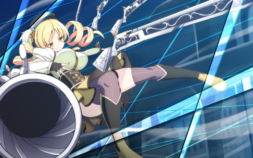 1girl beret blonde_hair breasts fingerless_gloves gloves gun h-new hair_ornament hat highres impossible_clothes impossible_shirt large_breasts long_hair magical_musket mahou_shoujo_madoka_magica skirt smirk solo striped striped_legwear thighhighs tomoe_mami weapon yellow_eyes