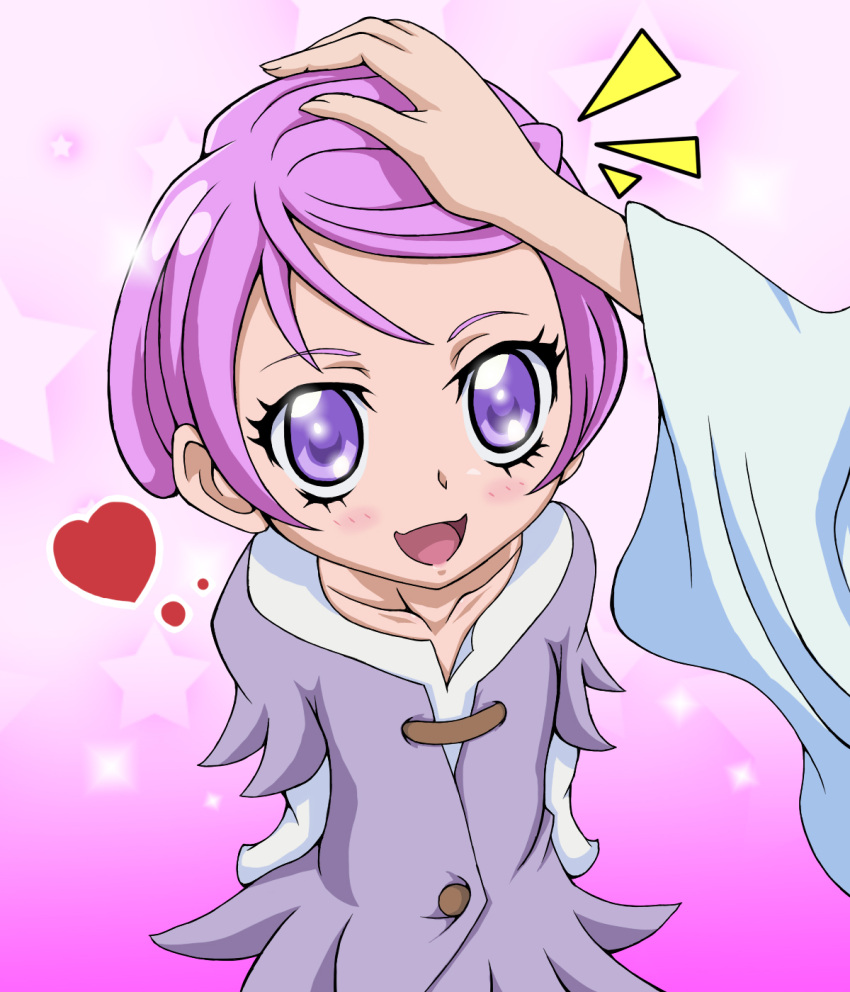 1girl blush cure_sword dokidoki!_precure dress eyelashes gradient gradient_background hair_tussle happy heart highres kenzaki_makoto looking_at_viewer magical_girl open_mouth precure purple_dress purple_hair short_hair smile solo violet_eyes watosonshi younger