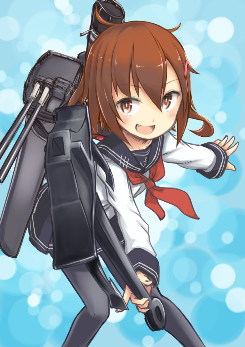 1girl anchor brown_eyes brown_hair fang highres ikazuchi_(kantai_collection) kantai_collection looking_at_viewer machinery motorii open_mouth pantyhose personification sleeves_past_wrists solo turret