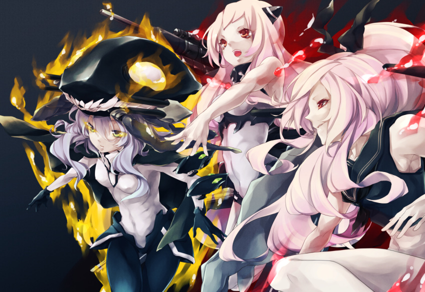 3girls airfield_hime armored_aircraft_carrier_hime bodysuit cape gloves glowing glowing_eyes kantai_collection long_hair monster multiple_girls open_mouth pale_skin personification red_eyes shinkaisei-kan silver_hair white_hair wo-class_aircraft_carrier