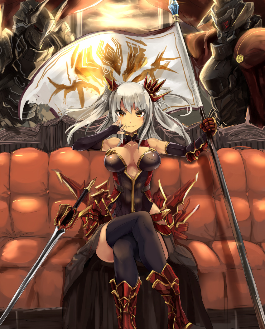 1girl armor black_gloves black_legwear breasts breasts_apart bridal_gauntlets cleavage_cutout crossed_legs elbow_gloves faulds flag gauntlets gloves greaves haik hair_ornament highres large_breasts long_hair looking_at_viewer original silver_hair sitting solo sword thighhighs two_side_up weapon yellow_eyes