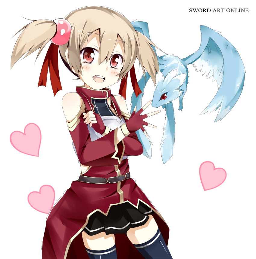 1girl absurdres blush copyright_name female heart highres looking_at_viewer pina_(sao) ribbon short_hair silica silica_(sao-alo) simple_background skirt smile solo sword_art_online tazaki_hayato thighhighs white_background