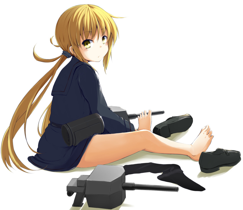 1girl bare_legs barefoot blonde_hair blush hair_ornament highres kantai_collection long_hair long_sleeves looking_at_viewer momo_(higanbana_and_girl) personification satsuki_(kantai_collection) school_uniform serafuku shoes_removed skirt thighhighs_removed twintails yellow_eyes