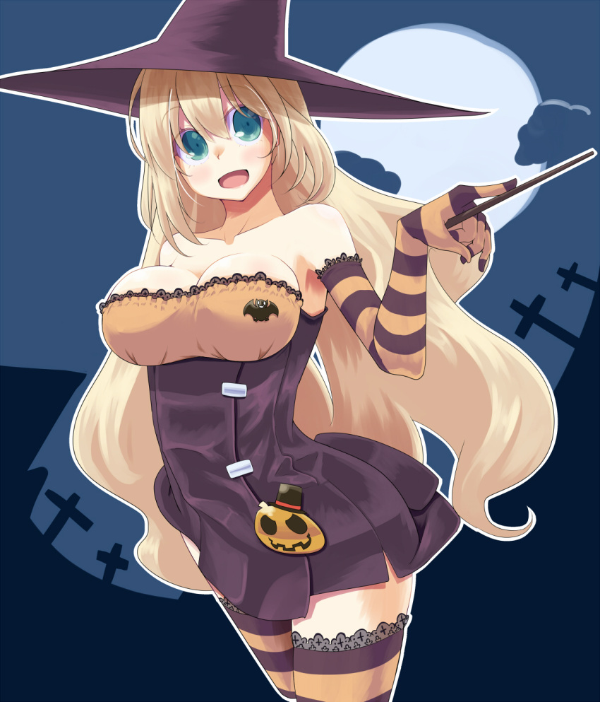 1girl atago_(kantai_collection) bat blonde_hair blue_eyes breasts elbow_gloves gloves halloween hat highres hujikok jack-o'-lantern kantai_collection large_breasts long_hair moon open_mouth personification solo striped striped_gloves striped_legwear thigh-highs wand witch_hat