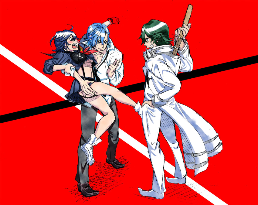 1girl 2boys angry black_hair blue_hair blush carrying green_hair highres kill_la_kill mikisugi_aikurou multiple_boys sanageyama_uzu senketsu shinai skirt sword weapon yakata_(artist)