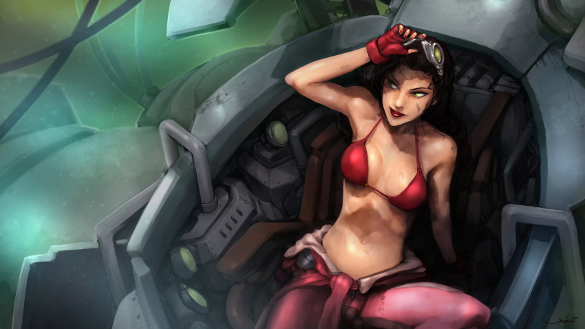 1girl asami_sato avatar:_the_last_airbender bikini_top breasts clothes_around_waist darren_geers dirty fingerless_gloves gloves goggles goggles_on_head green_eyes highres legend_of_korra lips lipstick makeup making_of mecha mechanic nail_polish solo sweat wet