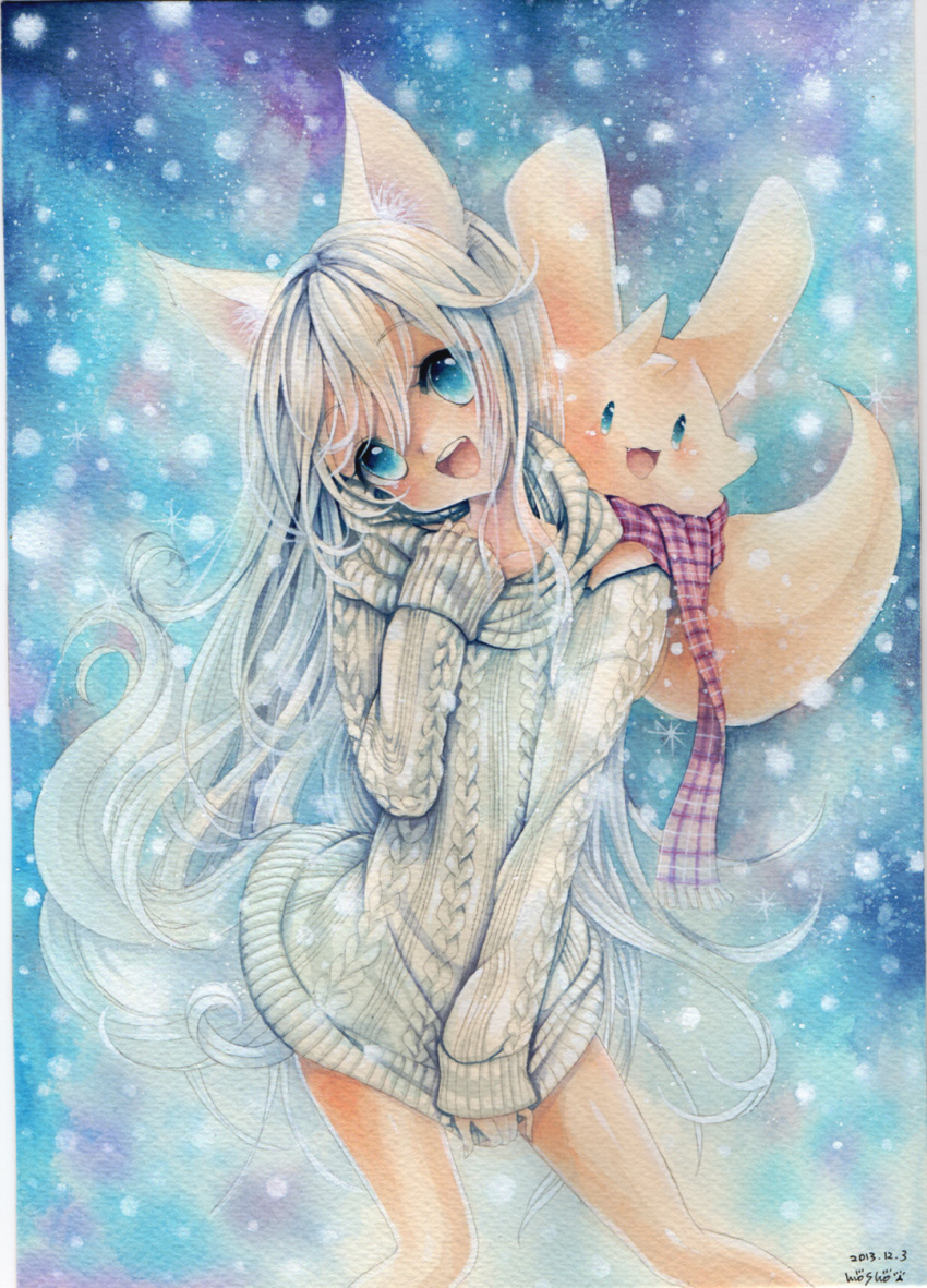 1girl animal_ears artist_name between_legs blue_eyes cowboy_shot dated hand_between_legs head_tilt highres long_hair mosho no_pants open_mouth original scarf smile solo sparkle sweater tail teeth traditional_media watercolor_(medium) white_hair