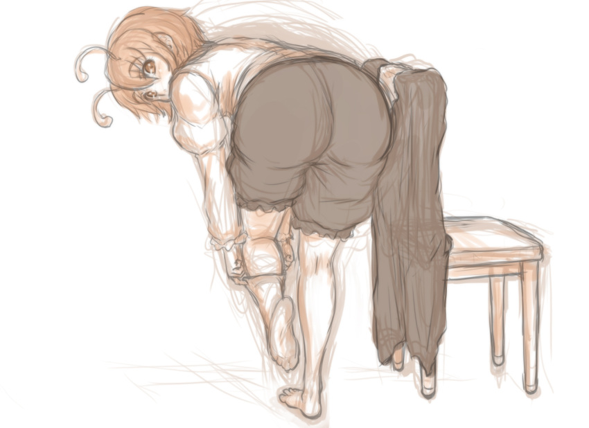 1girl antennae ass bent_over chair looking_at_viewer looking_back rough shirt shorts simple_background solo touhou turning undressing white_background wriggle_nightbug