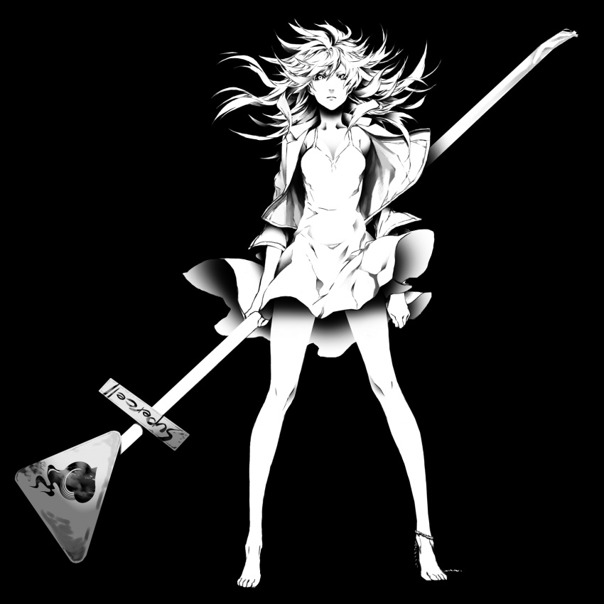 1girl black_background dress highres long_hair looking_at_viewer miwa_shirou monochrome original sign signpost solo standing wind