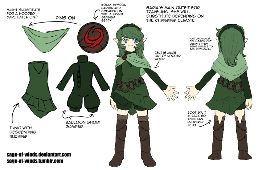 1girl absurdres belt blue_eyes boots capelet character_sheet directional_arrow english green_hair hairband highres pointy_ears sage-of-winds saria simple_background the_legend_of_zelda tunic watermark web_address white_background