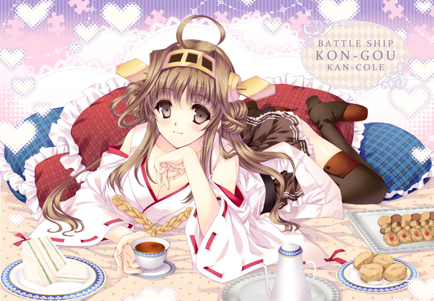 1girl arm_support bare_shoulders breast_rest breasts brown_hair cake cup detached_sleeves food hair_ornament hairband headgear japanese_clothes kantai_collection kongou_(kantai_collection) long_hair lying on_stomach personification sandwich scone skirt solo tamiya_akito tea teacup thigh-highs