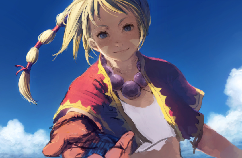 1girl blonde_hair blue_eyes braid chrono_cross facial_mark fooldx highres jewelry kid_(chrono_cross) long_hair necklace outstretched_hand rough smile solo