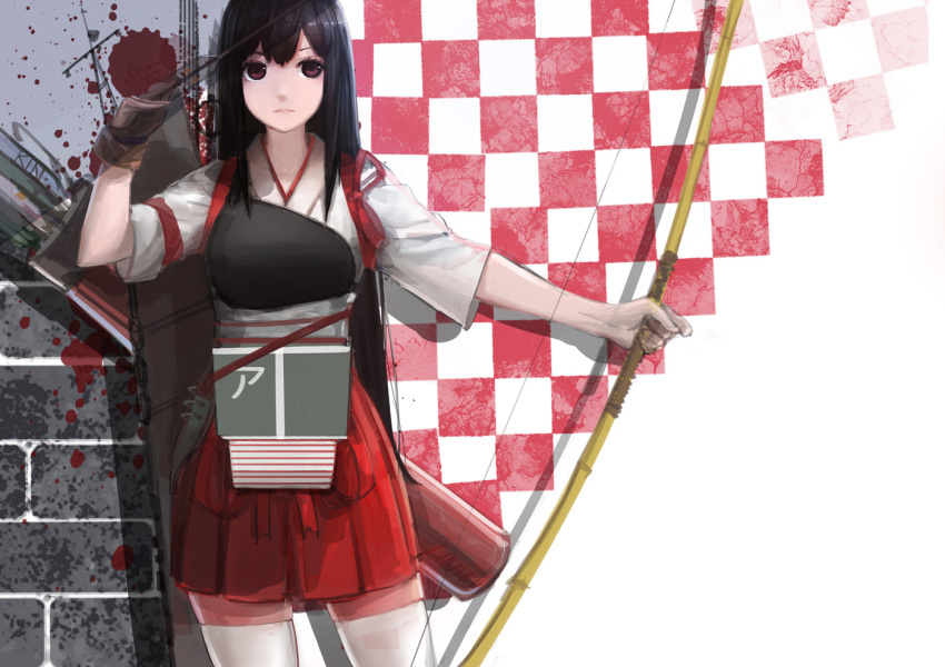 1girl aircraft_carrier akagi_(kantai_collection) arrow black_hair blood bow_(weapon) brown_eyes japanese_clothes kantai_collection kinven lips long_hair muneate personification side_ponytail skirt thigh-highs weapon white_legwear
