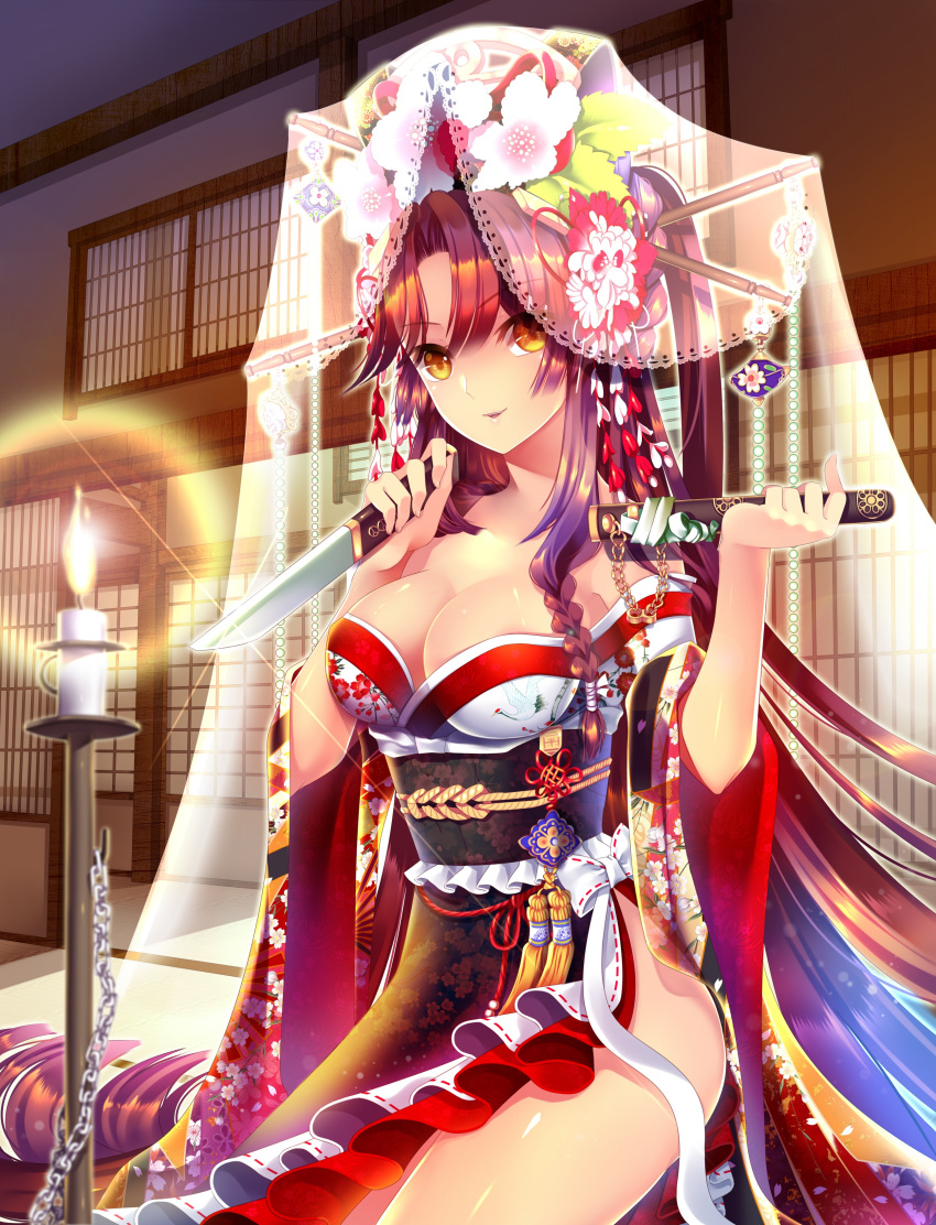 1girl absurdres agrt breasts brown_hair candle candlestand cleavage dagger dress flame highres japanese_clothes long_hair side_slit tagme veil very_long_hair weapon yellow_eyes