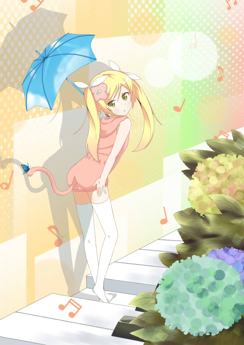 1girl absurdres blonde_hair blush butterfly cat_tail flower green_eyes highres instrument leaning_forward long_hair looking_back musical_note original oversized_object piano solo tail tazaki_hayato thighhighs white_legwear