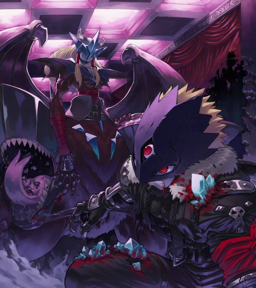 armor battle beelzebumon belt blonde_hair blood buckle centauroid claws clenched_teeth crack crystal damaged demon_wings digimon extra_mouth forked_tongue fur_coat gauntlets grandracmon grin hair_tubes highres horns injury kazkazkaz long_hair mask monster no_humans red_eyes sharp_teeth short_hair smile spikes tail third_eye tongue torn_clothes wings