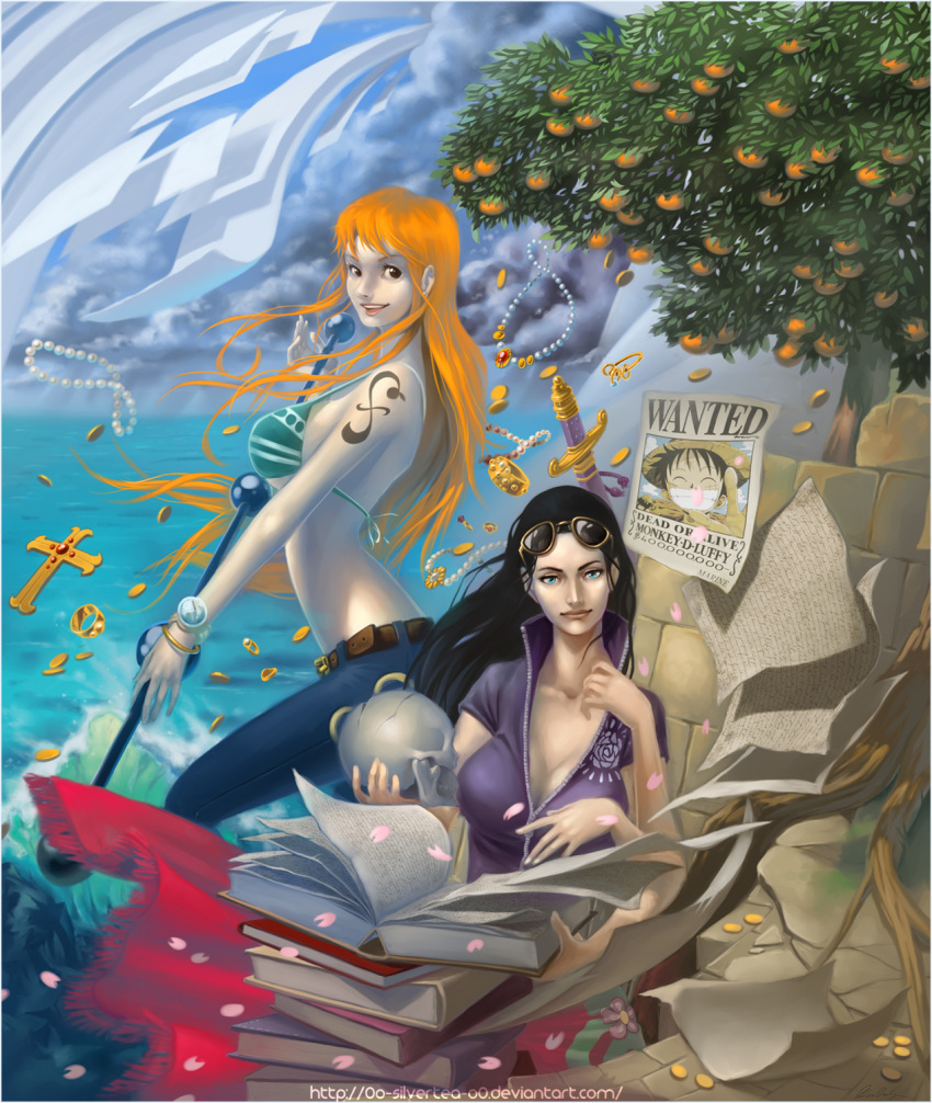 2girls bangle bikini_top black_hair blue_eyes book_stack bracelet breasts brick_wall brown_eyes character_name cleavage clima-tact cloudy_sky coin cross extra_arms flying_paper food fruit highres jewelry log_pose long_hair mandarin_orange monkey_d_luffy multiple_girls nami necklace_removed nico_robin one_piece orange_hair paper petals reading sideboob silver_tea_house skull smile strap_gap sunglasses sunglasses_on_head sword tattoo treasure tree very_long_hair wanted water watermark weapon web_address wind