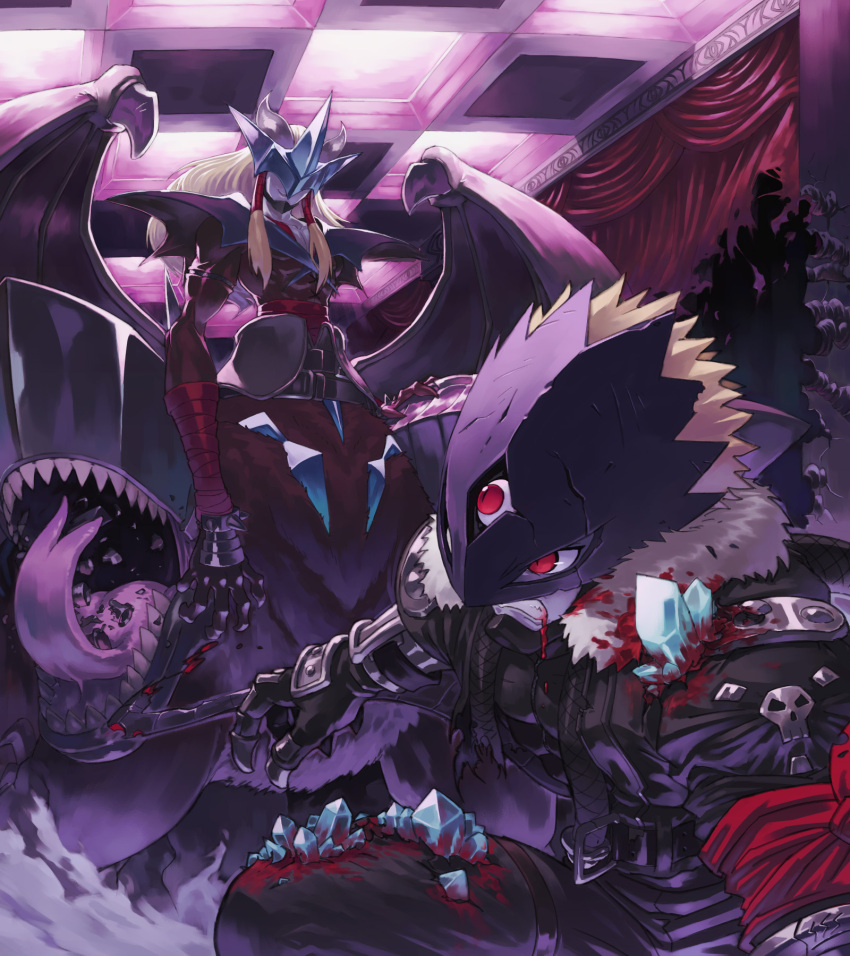 armor battle beelzebumon belt blonde_hair blood buckle centauroid claws clenched_teeth crack crystal damaged demon_wings digimon extra_mouth forked_tongue fur_coat gauntlets grandracmon grin hair_tubes highres horns injury kazkazkaz long_hair mask monster no_humans red_eyes revision sharp_teeth short_hair smile spikes tail third_eye tongue torn_clothes wings