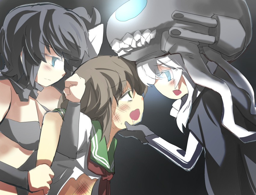 4girls black_hair blue_eyes brown_hair chi-class_torpedo_cruiser commentary_request drooling empty_eyes eye_contact gaoo_(frpjx283) glowing glowing_eye green_eyes hat highres kantai_collection looking_at_another multiple_girls murasa_minamitsu no_hat open_mouth restrained ri-class_heavy_cruiser short_hair touhou white_hair wo-class_aircraft_carrier